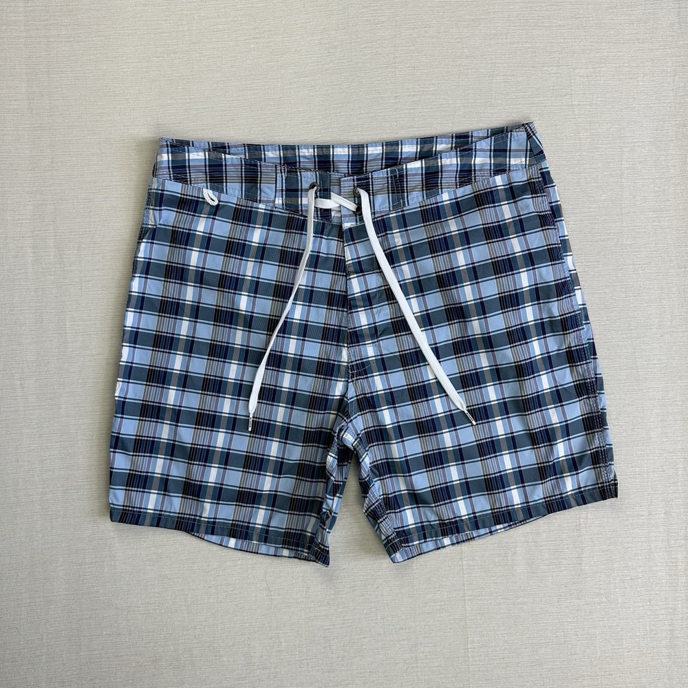 Vtg Sundek Swim Trunks Board Shorts Plaid Stripe Men Measures 34 x 5.5 Blue Purp